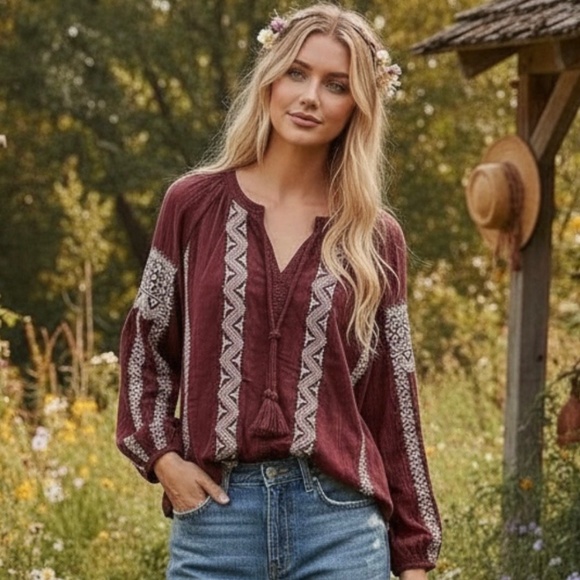 American Eagle Outfitters Tops - AMERICAN EAGLE Burgundy Peasant Blouse M Boho Top Cottagecore Festival Casual